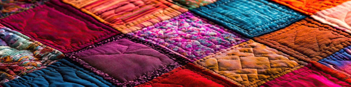 A close-up of a patchwork quilt, showcasing intricate stitching and bold patterns.