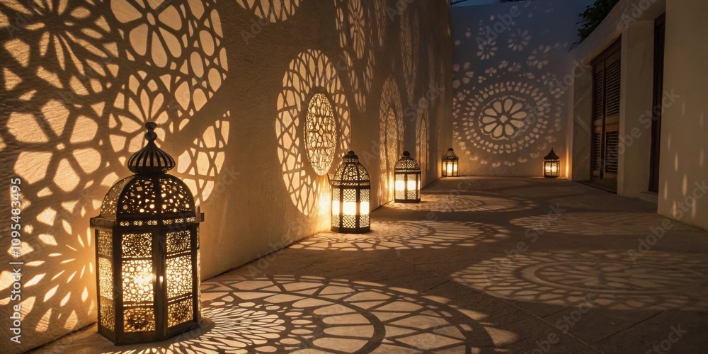 Poster candlelit shadows create a mystical scene where lit s lanterns cast intricate shadows on a nearby wa