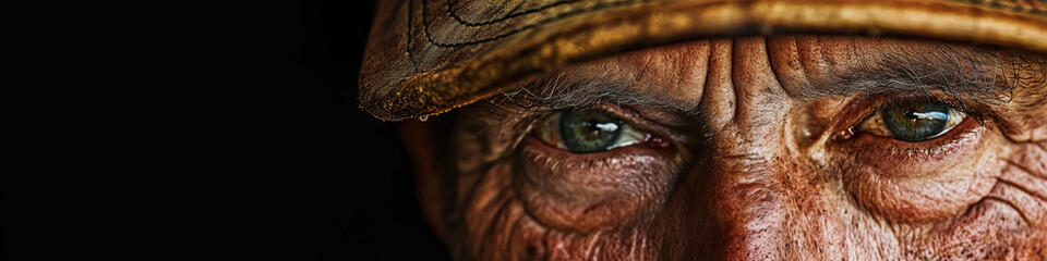 A man's weathered face gazes out from beneath a worn leather cap, his wrinkles etched with the stories of a life lived close to the land.