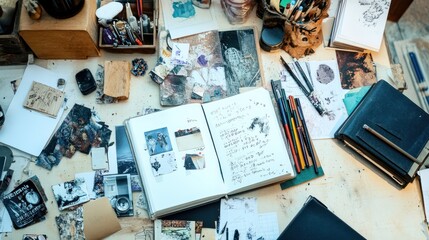 A Messy Artist's Workspace with Open Sketchbook and Supplies