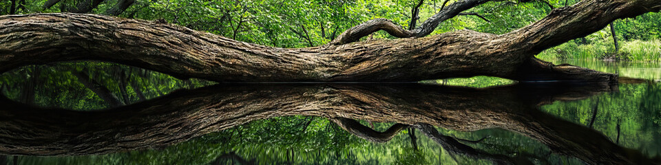 Obraz premium A dead tree trunk lies horizontal on the ground, its twisted branches mirrored in the still water of a nearby pond. A lush forest surrounds the scene.