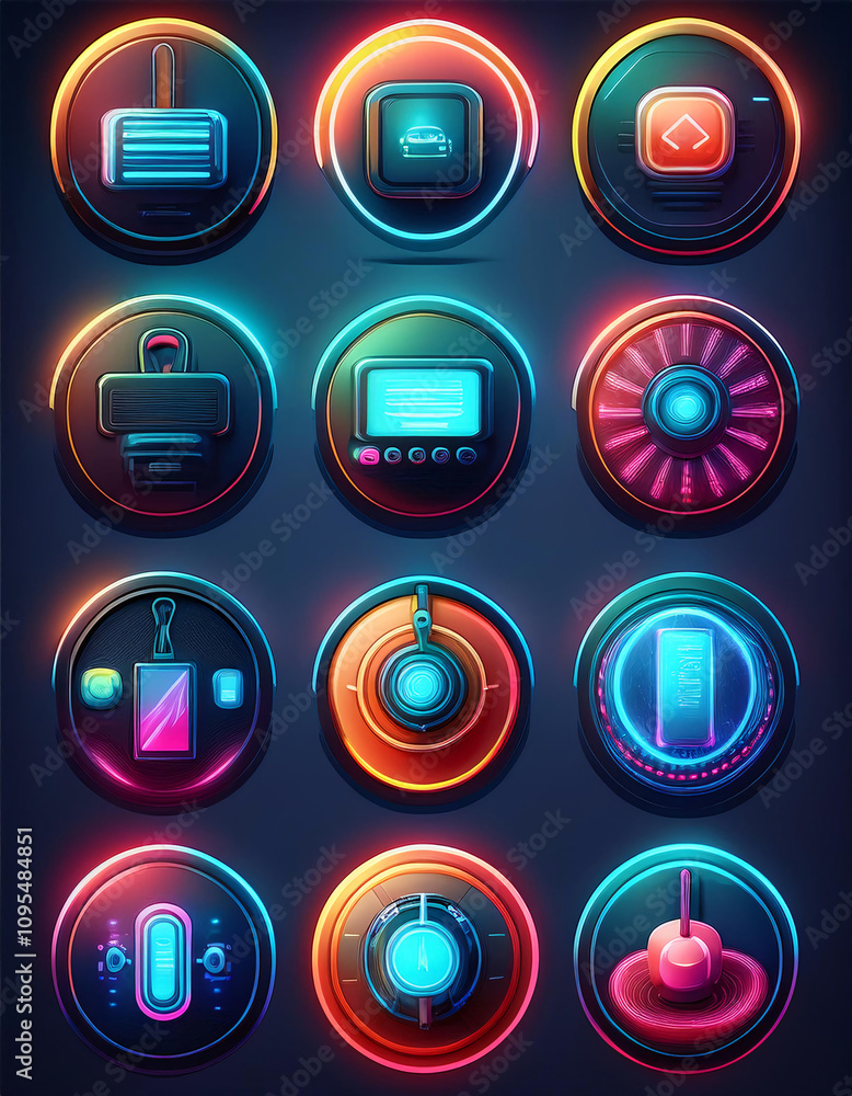 Poster a set of colorful, futuristic, sci-fi ui elements and buttons