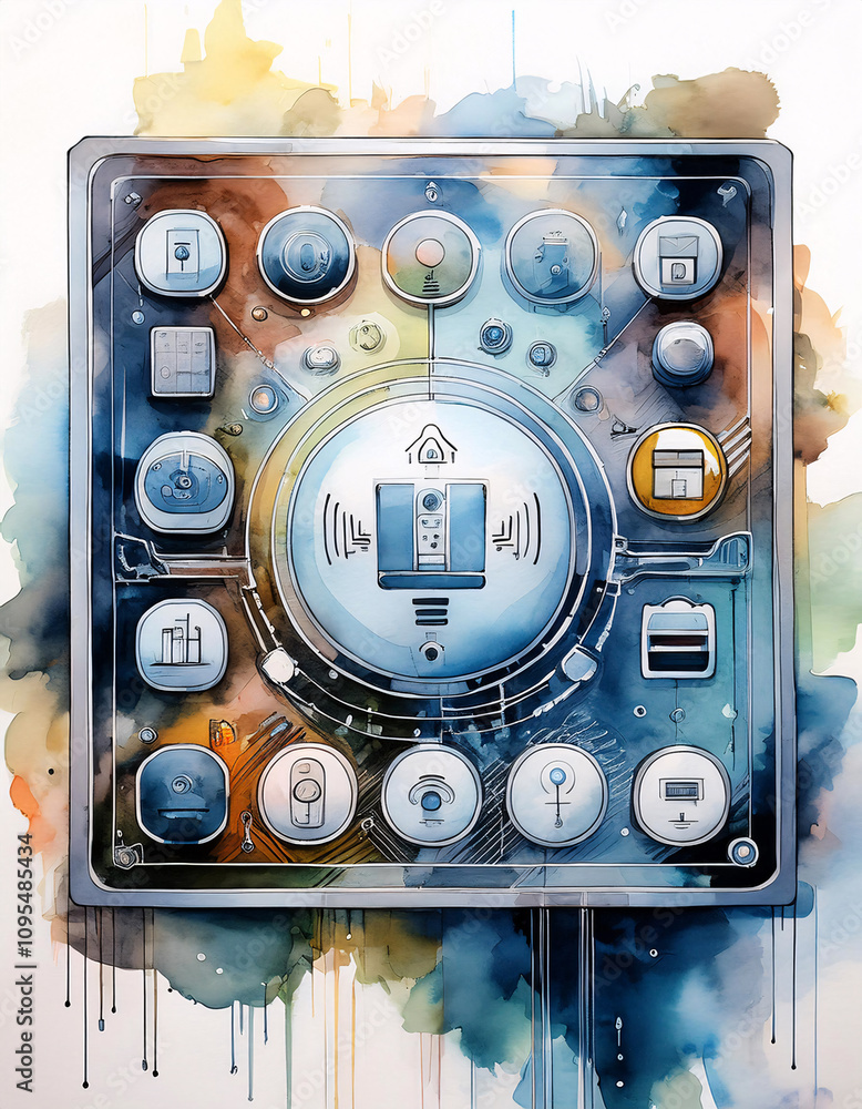 Poster a futuristic smart home control panel with various icons and buttons