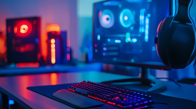 Futuristic Gaming Computer Desk Setup with Brand New Gaming Keyboard, Mouse, Headphones, and Contemporary PC, Highlighted by Blurred Blue and Red Neon Lights, Created with Generative AI
