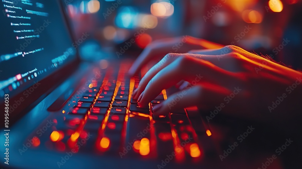 Poster night coding session: illuminated keys & focused hands