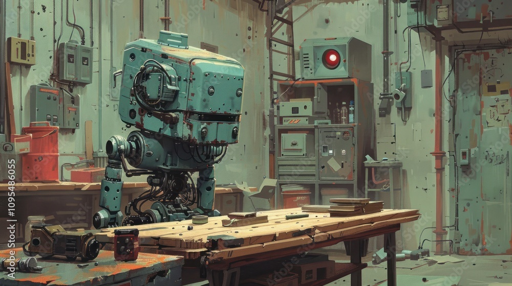 Poster Rusty robot sits on workbench in abandoned workshop.
