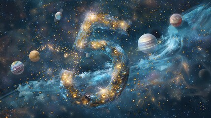 Fototapeta premium Glowing number 5 cosmic nebula space.