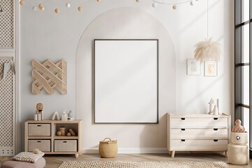 Modern children's room interior with green walls, light wood furniture, a comfortable sofa, decorative plants, and sunlight streaming through a large window creating a bright and inviting space