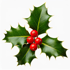 a holly and red berries are on a white background.