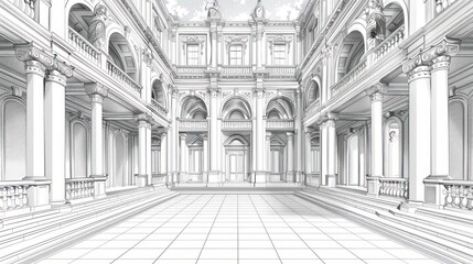 Naklejka premium Grand architectural courtyard, classical design, wireframe.