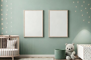Modern nursery interior with a framed poster mockup, a gray wall, soft pastel bunting, a teddy bear, and a stylish crib with dotted fabric, creating a cozy and playful atmosphere