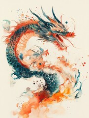 Majestic dragon watercolor illustration with vibrant colors and dynamic brush strokes in a fantasy style