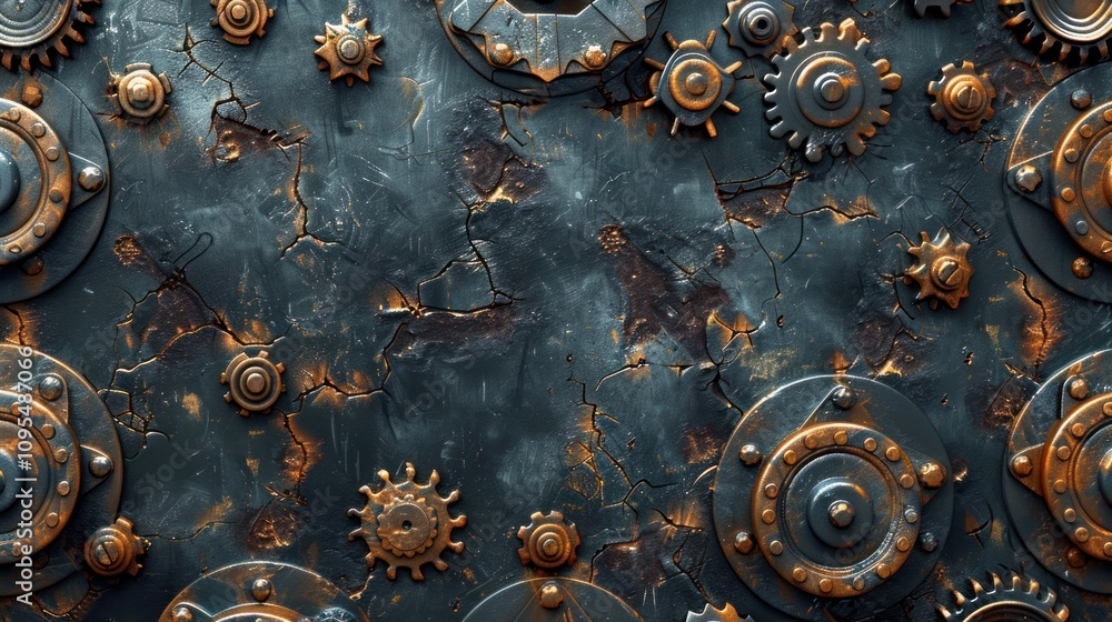 Poster rusty metallic background with gears and cogs.