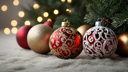 Christmas and new year design. Christmas balls adorned with spruce branches with blurred lights in the background