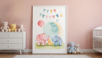 Warm nursery interior with beige walls, several blank frames, a wooden crib, a dresser with a changing pad, a floor lamp, and a rocking chair, styled with neutral tones and natural textures