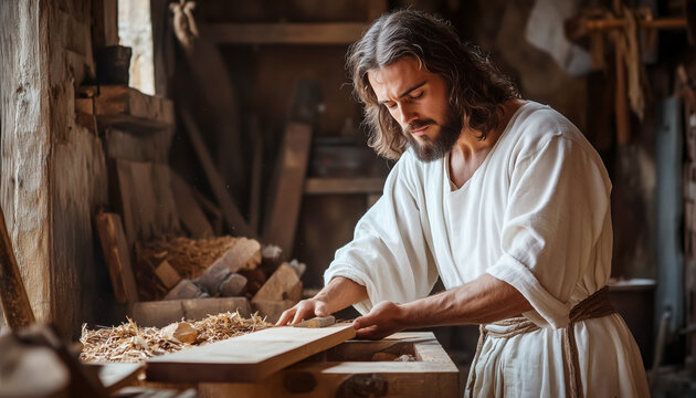Jesus Christ working in carpentry workshop shaping wood with tool. His calm satisfied expression glows in side light from open door. Dressed white linen shirt he appears in his 30s serene and focused.