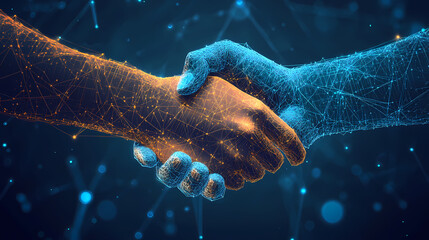 Futuristic Digital Handshake Surrounded by Network Nodes, Symbolizing Business Partnership and the Use of Blockchain for Verifiable Official Documents