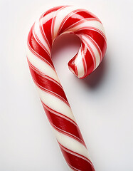 A classic red and white candy cane on a white background