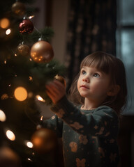 A child hanging ornaments on a Christmas tree