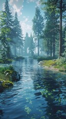 Obraz premium Serene forest stream flowing through lush greenery under a partly cloudy sky.