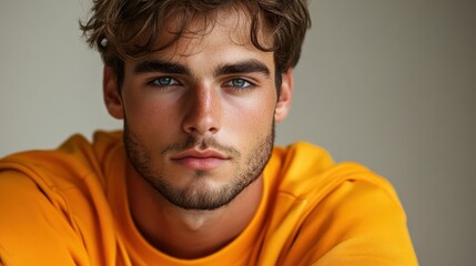 Obraz premium Young man with beard in casual orange hoodie, modern style, relaxed expression, close-up portrait, cozy indoor atmosphere, confident look, casual fashion, youth lifestyle