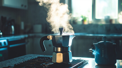 A moka pot brewing coffee on a stovetop, with rich steam rising into the air