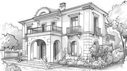 Architectural sketch of a two-story Mediterranean-style house with balcony, arched entryway, and landscaping.