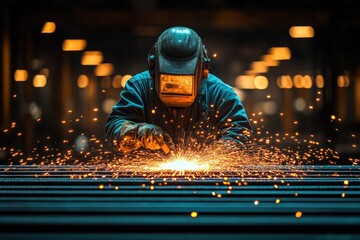 Welder Working with Sparks in Industrial Setting