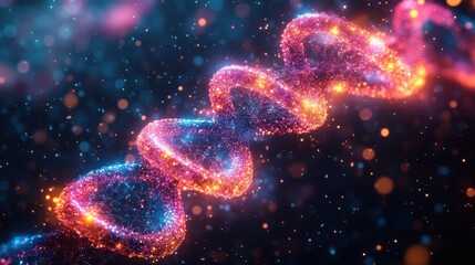 Glowing DNA strand with particles, futuristic biotechnology concept, genetic science background, molecular structure, bright digital DNA illustration, bioengineering innovation