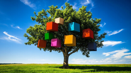 Colorful Cubes Hanging on Tree  Nature  Summer  Green Field  Blue Sky