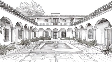 Architectural sketch of a Spanish-style courtyard with a central fountain, arched walkways, and lush plants.