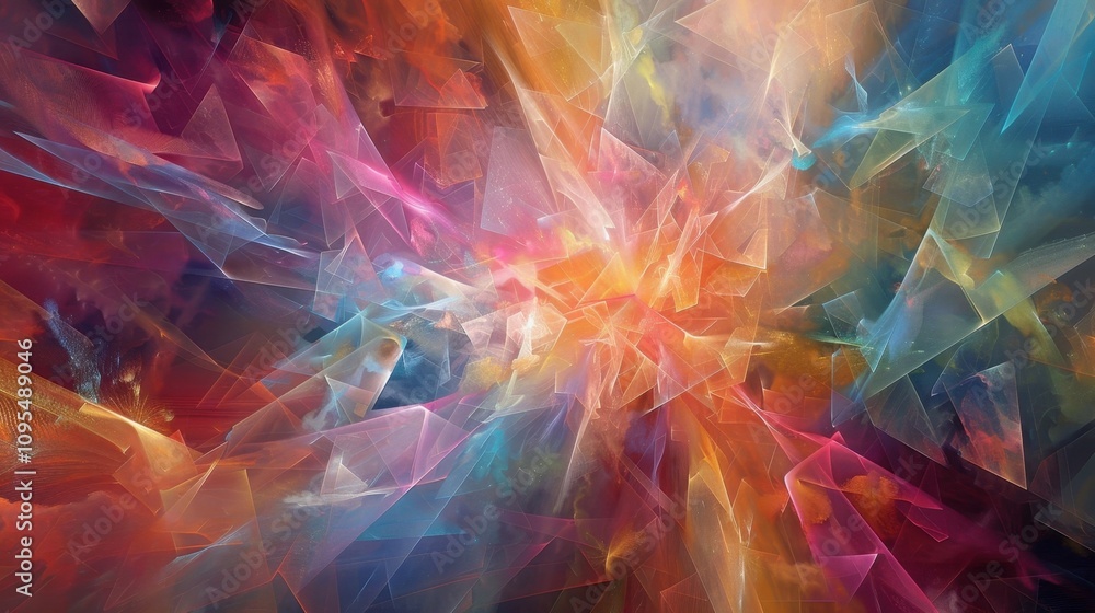 Poster an interplay of iridescent geometric figures each emanating a unique aura of color and light.