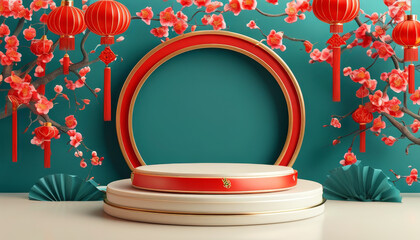 Asian Lunar New Year Celebration Concept, pastel product presentation podium background mock up, traditional Asian flowers and lanterns, ad, podium platform, product presentation space