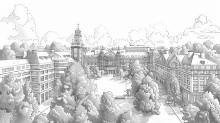 Obraz premium Architectural rendering of a classic campus with buildings, trees, and a central courtyard.