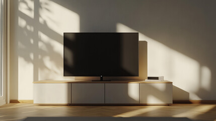 Modern Living Room Interior  Flat Screen TV on Minimalist Media Console  Sunlight Streamin