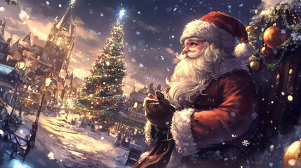 クリスマスの街並みとサンタクロースの暖かな風景