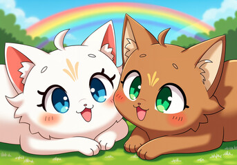 A Joyful Illustration of Two Playful Cats Sharing a Tender Moment Under a Colorful Rainbow and Sunny Sky