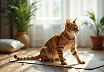 A Serene Cat Performing Yoga Poses in a Peaceful Room Surrounded by Calming Decor and Natural Light