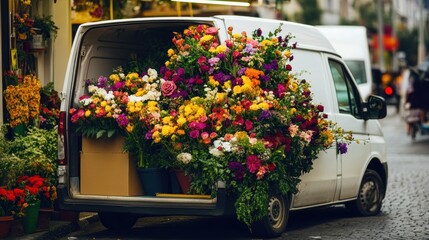 Flower Delivery Van Overflowing with Colorful Blooms