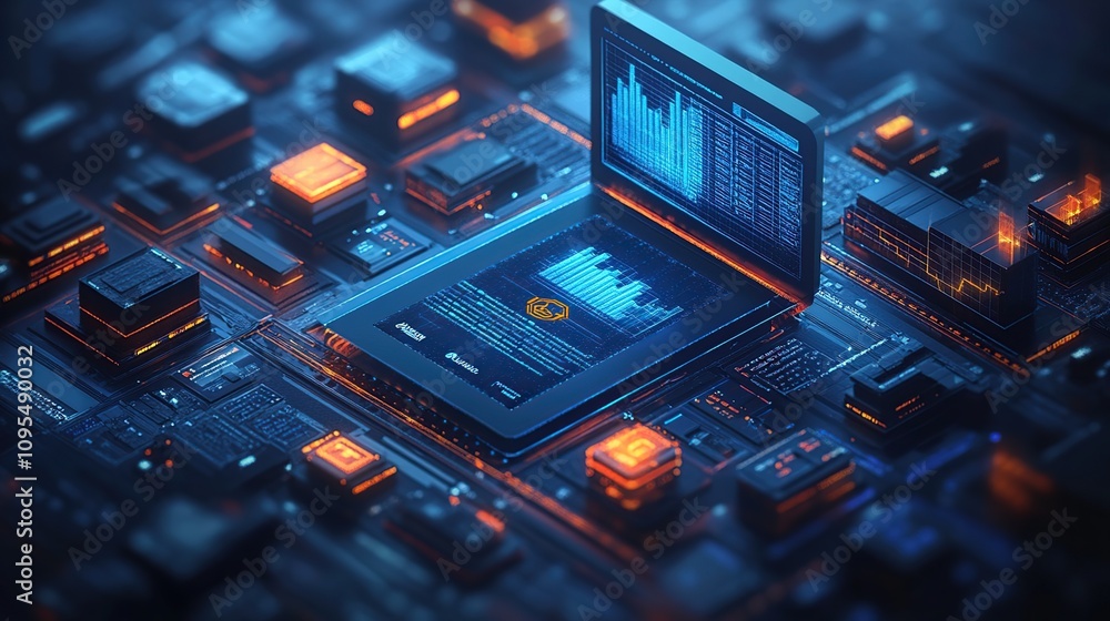 Poster digital frontier: data visualization on futuristic circuitry