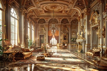 Fototapeta premium Renaissance Palace Parlor with opulent furnishings, gilded accents, frescoed ceilings, and a regal, Renaissance-inspired ambiance. Renaissance palace home decor.