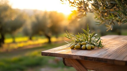   A group of olives resting on a wooden table under an olive tree with the sun illuminating the scene
