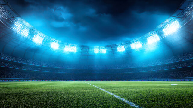 Panoramic View of a Well-Lit Cricket Stadium Showcasing Vibrant Green Field and Stadium Lights