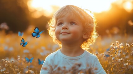 Curious young boy observing blue butterflies outdoors, enchanting child nature interaction, golden sunlight, peaceful moment with insects, cute toddler exploring butterflies in summer