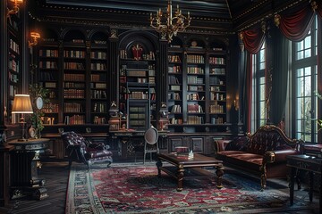 Obraz premium Victorian Gothic-inspired home library with dark wood paneling and plush furnishings