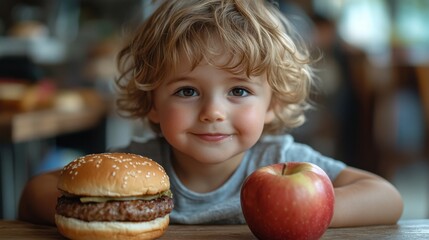 Toddler with burger and apple choice, cute young boy in kitchen, healthy eating concept, innocent expression, food comparison, decision-making moment