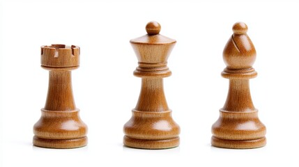 Three elegant wooden chess pieces: rook, queen, and bishop on a white background.