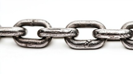 Close-up of a metallic chain link, showcasing its texture and shine against a white background.