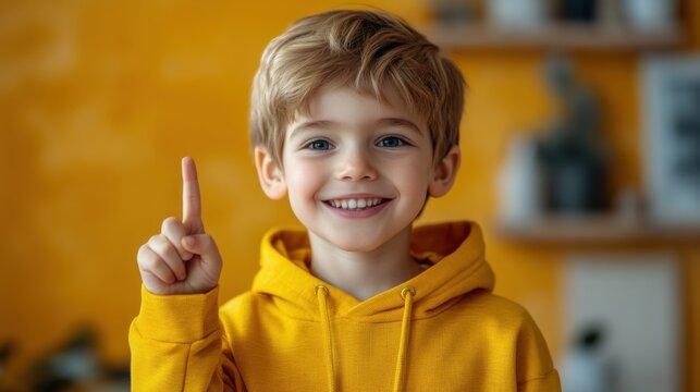 Smiling boy pointing up, cute child in yellow hoodie, happy expression with raised finger, playful learning, childhood curiosity, joy in learning