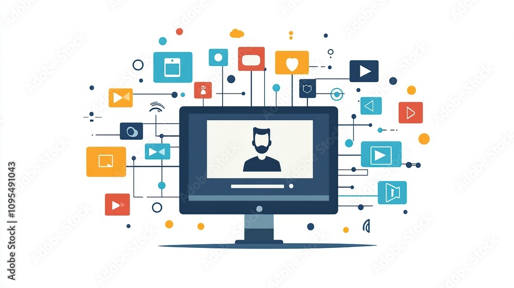 Poster global digital network: a visual representation of online connectivity and multimedia sharing.